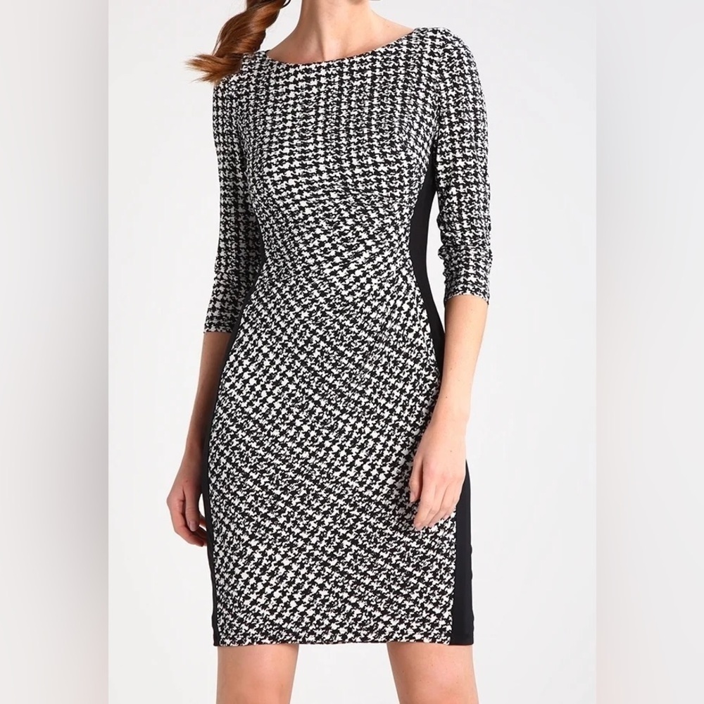 Lauren Ralph Lauren Houndstooth Ruched Sheath Dress Size 8P Black White